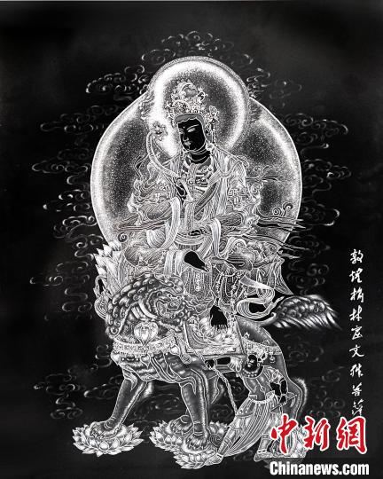 圖為朱增平創(chuàng)作的鍥金畫(huà)《敦煌榆林窟文殊菩薩》。(資料圖) 受訪者供圖