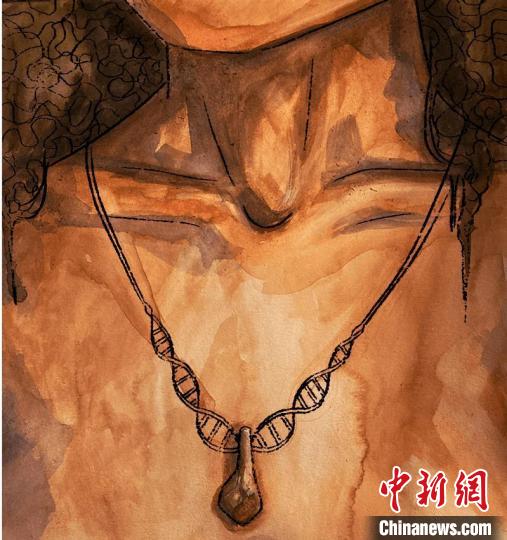 墜飾藝術(shù)再現(xiàn)圖，圖中吊墜繩為DNA螺旋樣式(圖片作者M(jìn)yrthe Lucas)?！∈┢樟指瘛ぷ匀?供圖