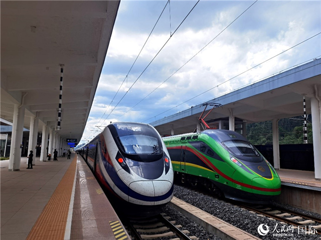 “復(fù)興號(hào)”和“瀾滄號(hào)”國(guó)際旅客列車?？吭诶蠐肽ザ≌尽Ｈ嗣窬W(wǎng) 杜明明攝