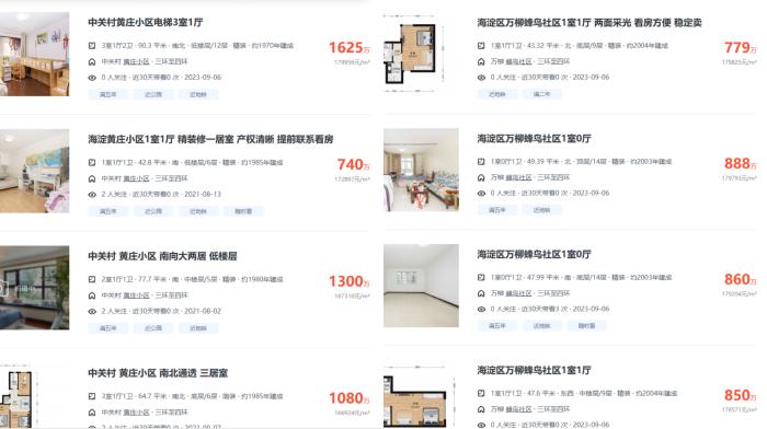 北京市海淀區(qū)部分高單價(jià)二手房源截圖。