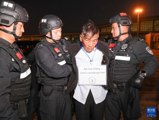 1月30日，在緬甸內(nèi)比都國際機(jī)場，緬甸警方依法向我公安機(jī)關(guān)移交緬北重大犯罪嫌疑人白所成。新華社記者 殷剛 攝