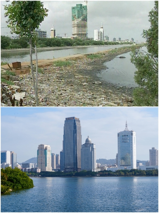 上圖：筼筜湖治理前資料圖。下圖：筼筜湖如今的美麗風光。人民網(wǎng)記者 吳超嵐攝