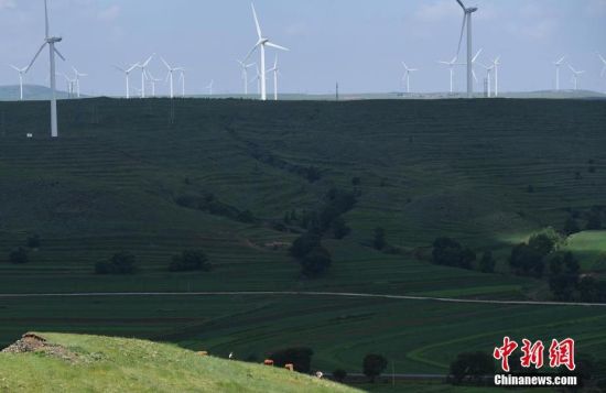 6月28日，河北張家口張北草原上大片風(fēng)力發(fā)電的“風(fēng)車”規(guī)模宏大。 中新社記者 楊艷敏 攝