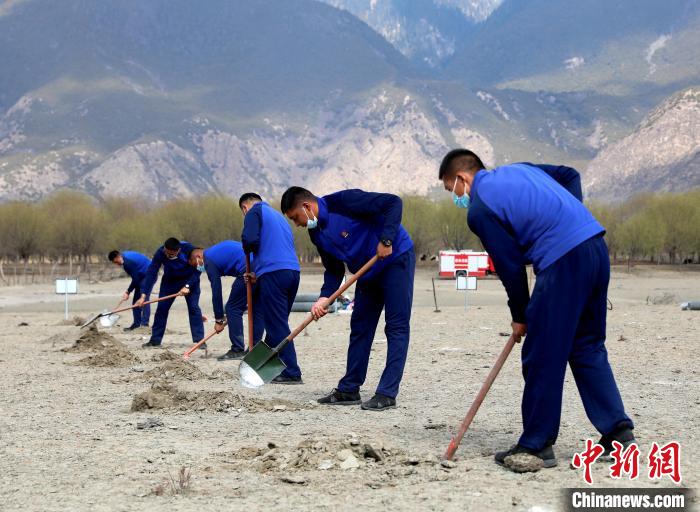 林芝市巴宜區(qū)森林消防中隊志愿服務(wù)隊正在揮鍬鏟土。　西繞拉翁 攝
