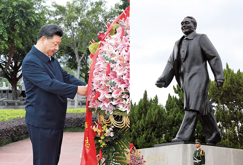 2020年10月14日，習(xí)近平總書記向深圳蓮花山公園鄧小平同志銅像敬獻(xiàn)花籃。