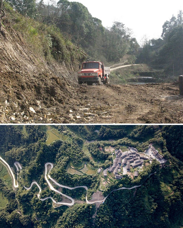 拼版照片：上圖為2011年12月拍攝的湖南省湘西土家族苗族自治州花垣縣十八洞村進(jìn)村道路；下圖為2019年9月拍攝的十八洞村及進(jìn)村道路。