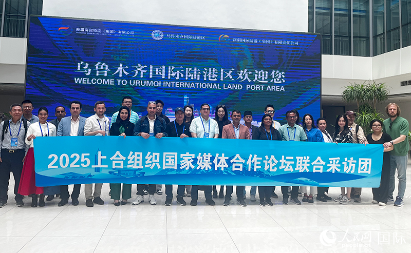 5月26日，外國媒體人在烏魯木齊國際陸港區(qū)合影留念。 人民網(wǎng)記者 翟轉(zhuǎn)麗攝