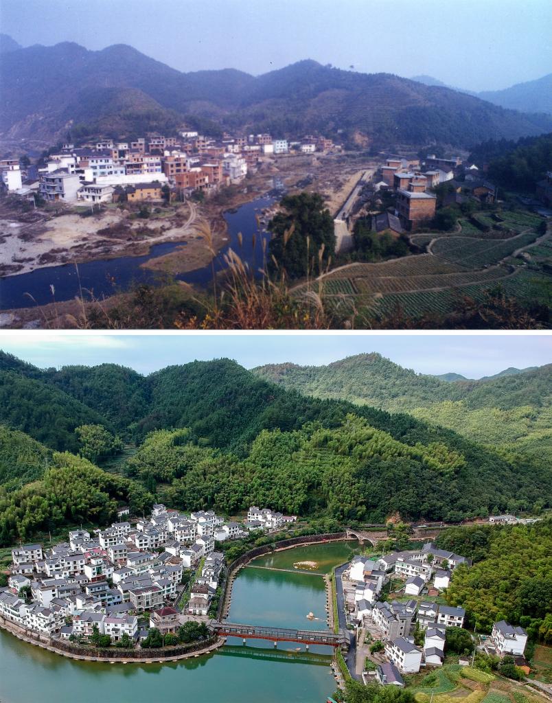 圖為浙江省杭州市淳安縣楓樹嶺鎮(zhèn)下姜村拼版圖，其中上圖為資料照片、下圖由新華社記者張鋮攝。