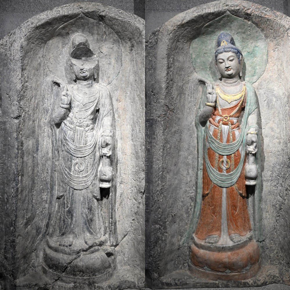 左圖為龍門石窟萬佛洞窟前南壁菩薩造像的3D打印模型；右圖為利用數(shù)字化技術(shù)復(fù)原后的3D打印模型（2025年4月10日攝，拼版照片）。復(fù)原后的像龕精妙絕倫，栩栩如生，被游客譽為“龍門最美菩薩”。圖片來源新華社