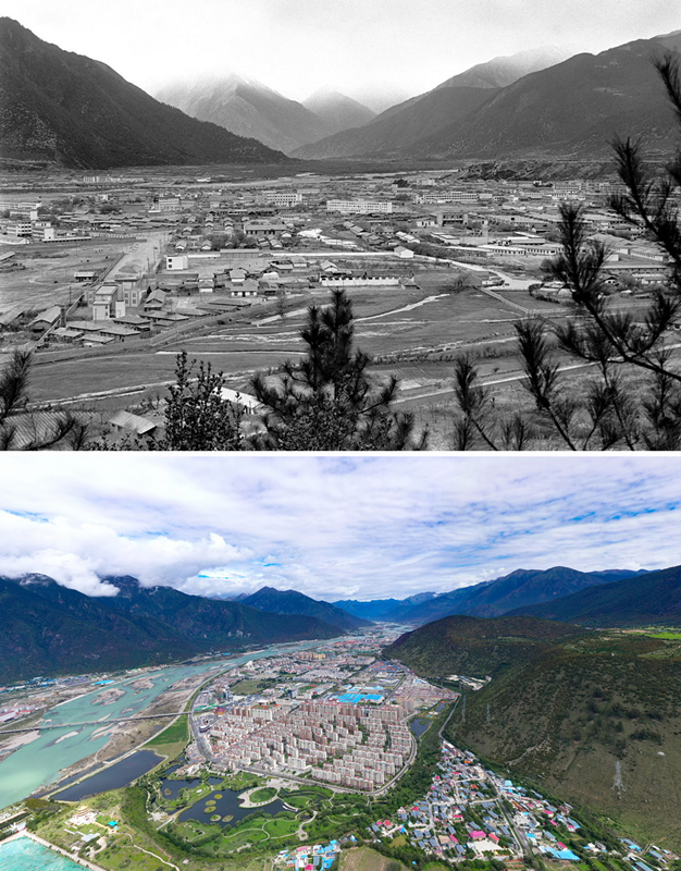 拼版照片：上圖是20世紀90年代的西藏林芝八一鎮(zhèn)；下圖是2021年7月20日拍攝的西藏林芝八一鎮(zhèn)風貌。