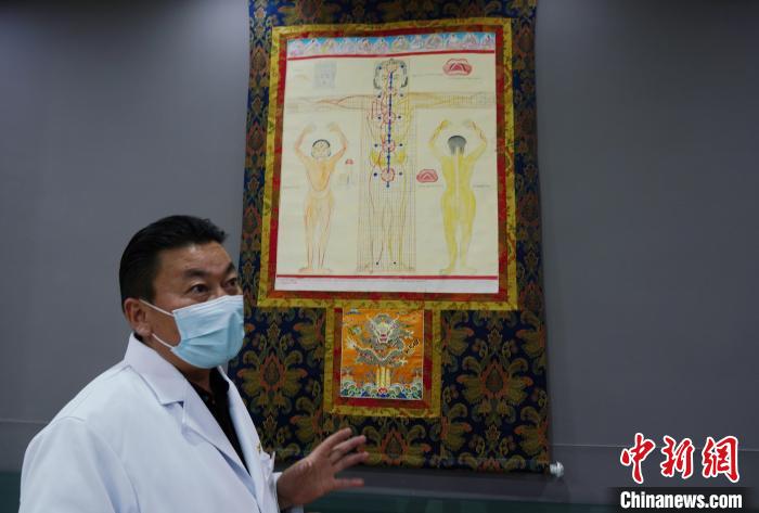 圖為興?？h藏醫(yī)院院長(zhǎng)介紹藏醫(yī)四部醫(yī)典詳實(shí)圖?！●R銘言 攝