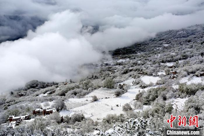 雪后的丹巴半山云霧繚繞?！±钣腊?攝