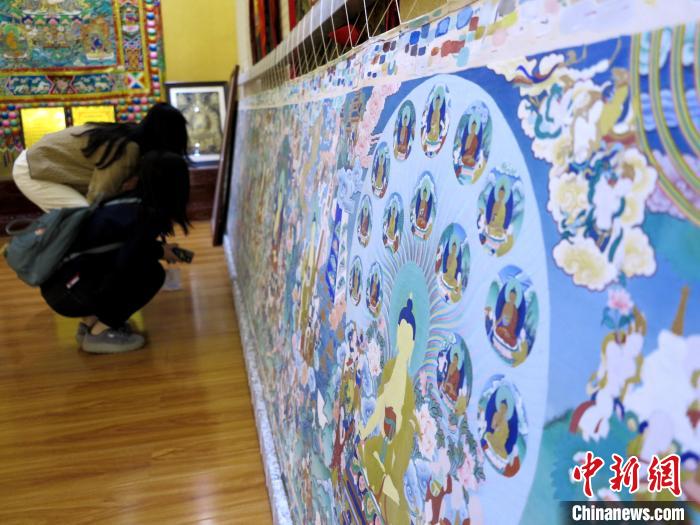圖為民眾參觀半成品的唐卡。　張?zhí)砀?攝