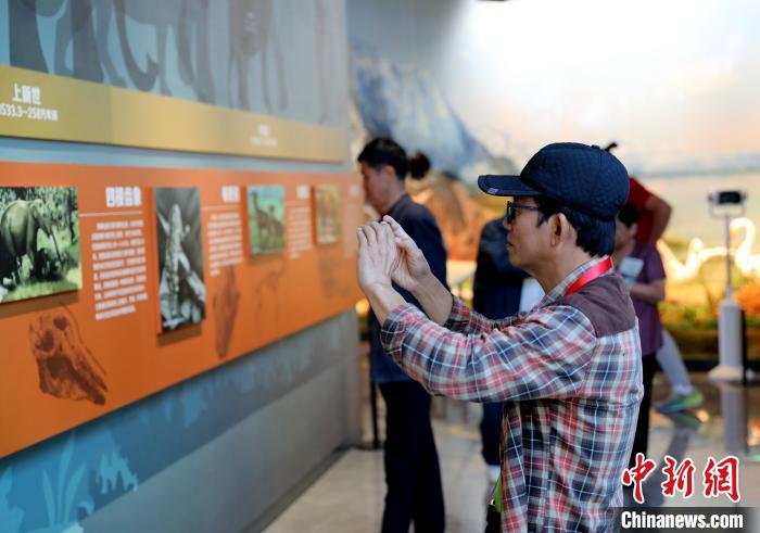 圖為臺(tái)商在祁連山國(guó)家公園生態(tài)科普館觀看墻面藝術(shù)圖文。　薛蒂 攝