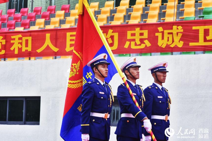 迎國家綜合性消防救援隊伍隊旗。人民網(wǎng) 李海霞 攝