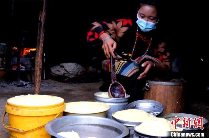 圖為牧民正在制作酥油?！∪湛t文聯(lián)供圖