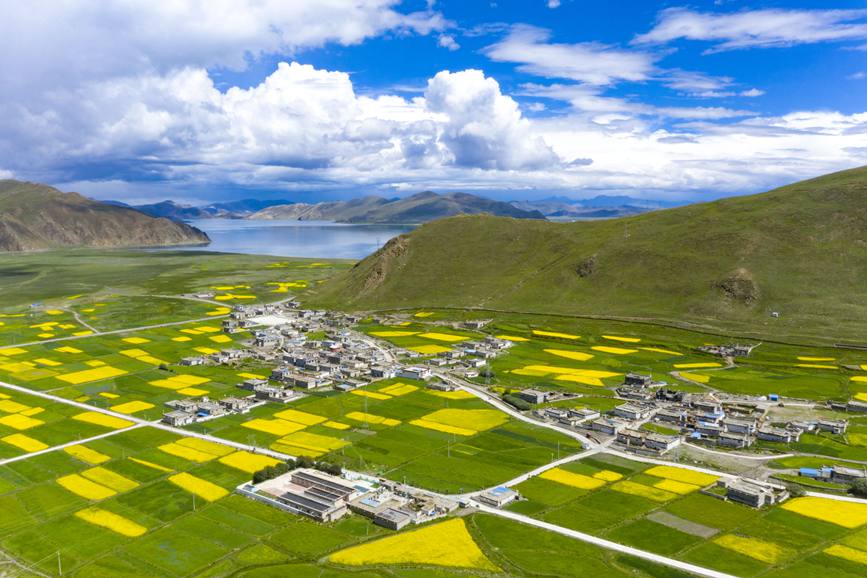 航拍道布龍村，依山傍水，阡陌縱橫。