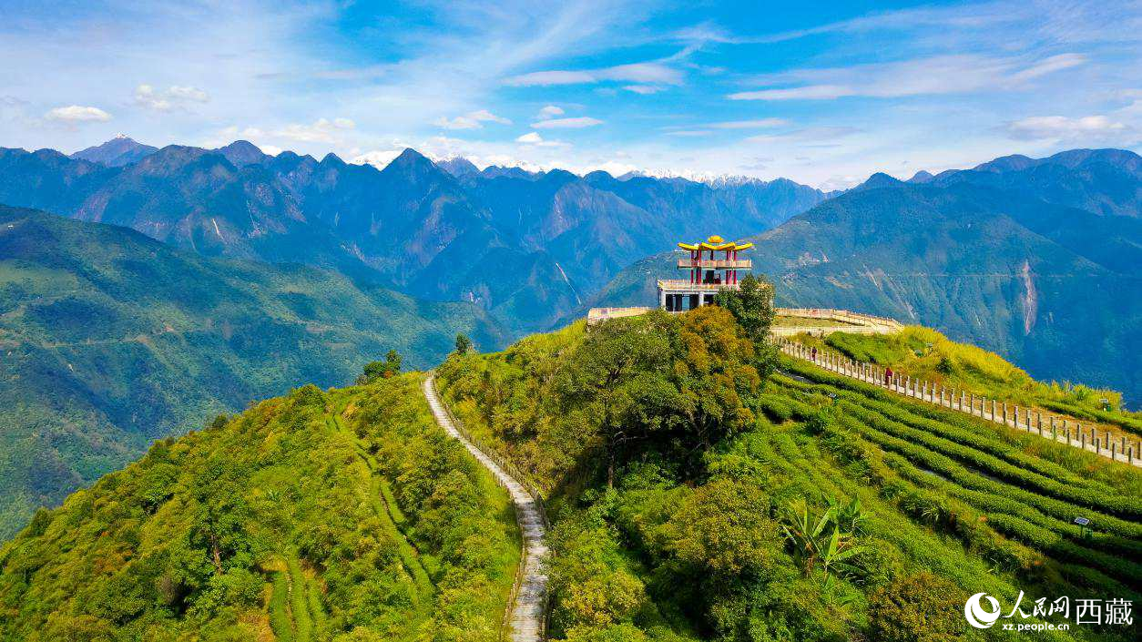 無(wú)人機(jī)航拍墨脫縣格林村蓮花觀景臺(tái)。人民網(wǎng)記者 次仁羅布攝